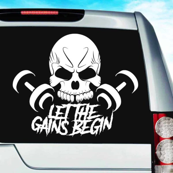 Let The Gains Begin Skull Dumbbells Vinyl Car Window Decal Sticker